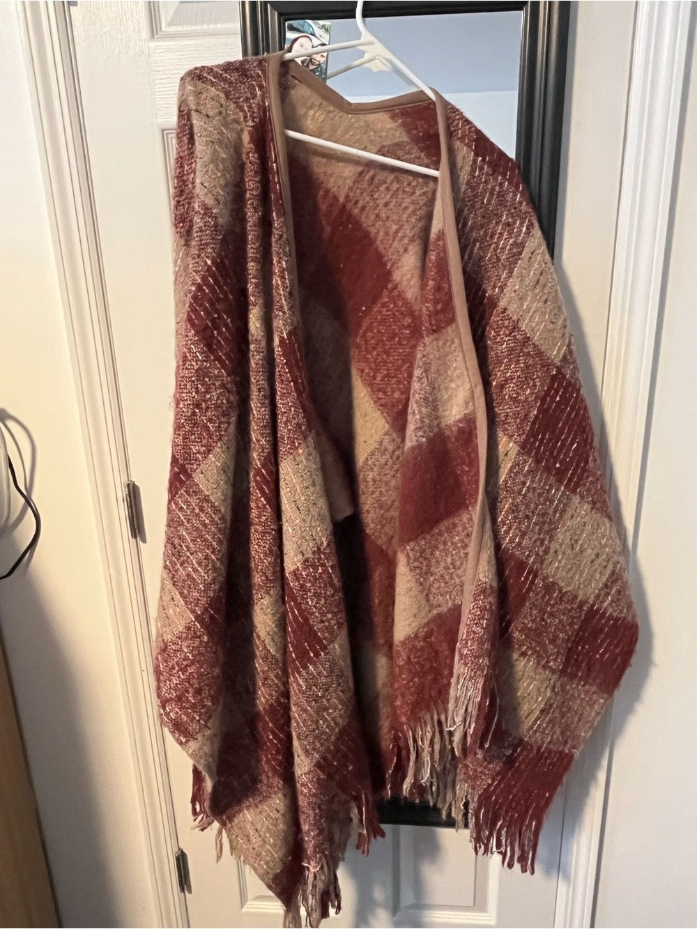 Torrid Cozy Plaid Fringe Wrap Shawl in Burgundy and Beige/Tan